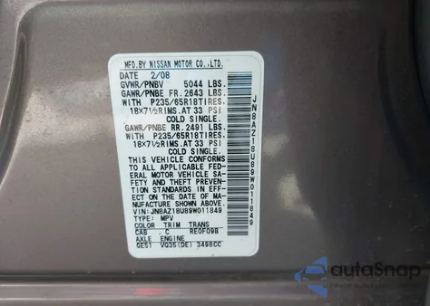 2009 Nissan Murano S/Sl из США, поврежденный, VIN JN8AZ18U89W011849